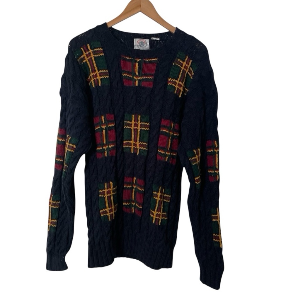 Hand Knit Mens XL Colorful Chunky Plaid Christmas Sweater Retro 80/90s Style